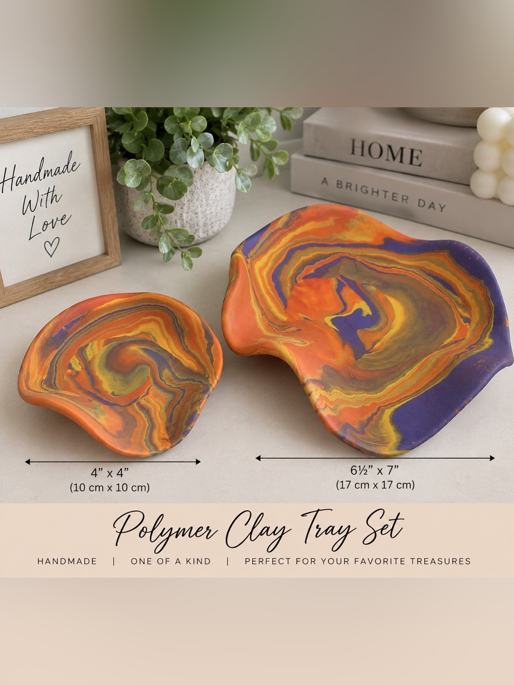Handmade Polymer Clay Marbled Tray Set Orange Purple Yellow Swirl